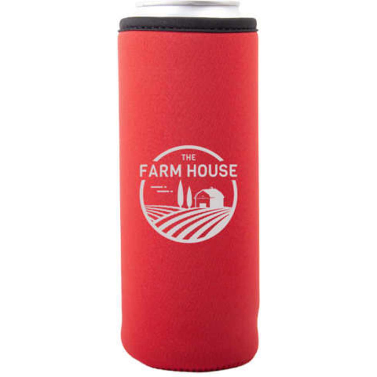 A drink bottle sleeve in bright red neoprene with a logo, designed for 17 oz bottles.
