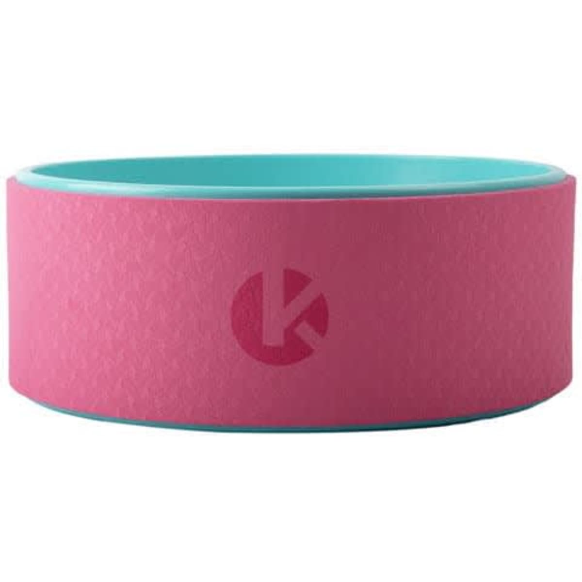 A pink yoga wheel with a textured exterior and a turquoise interior, featuring a simple logo.