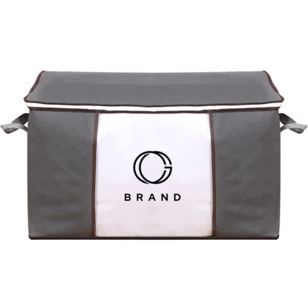 A grey and white portable dustproof quilt storage bag with a prominent logo on the front and handles on the sides.