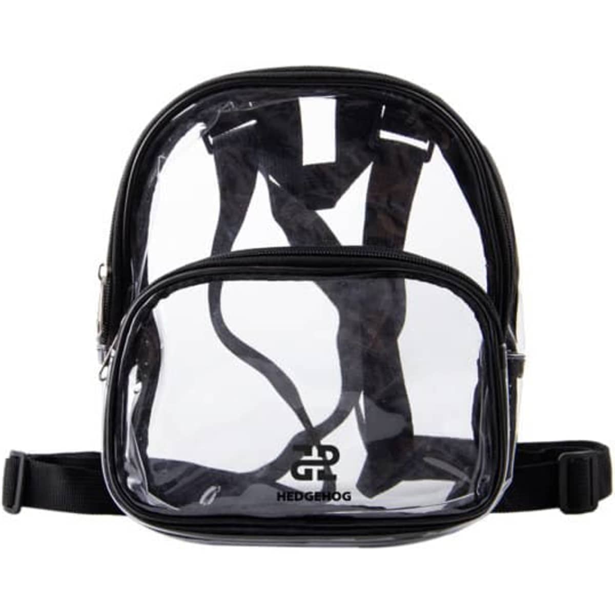 A clear mini backpack featuring black straps and a front zip pocket. It includes a logo on the front.