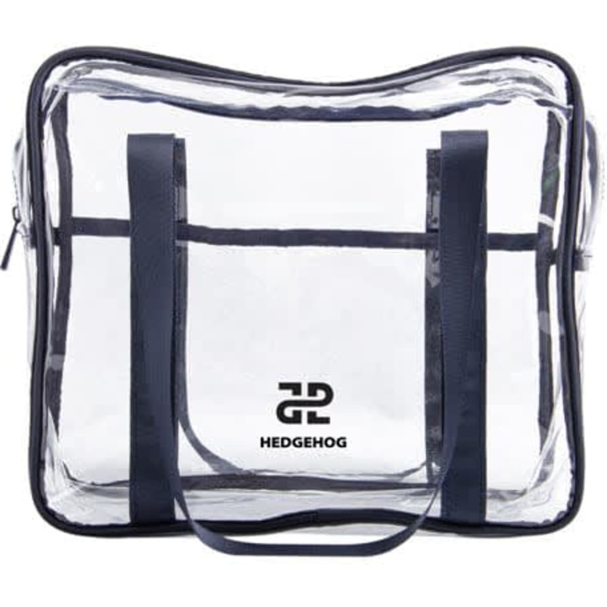 A clear tote handbag with navy straps and a branding logo on the front. The bag is rectangular with a zip closure.