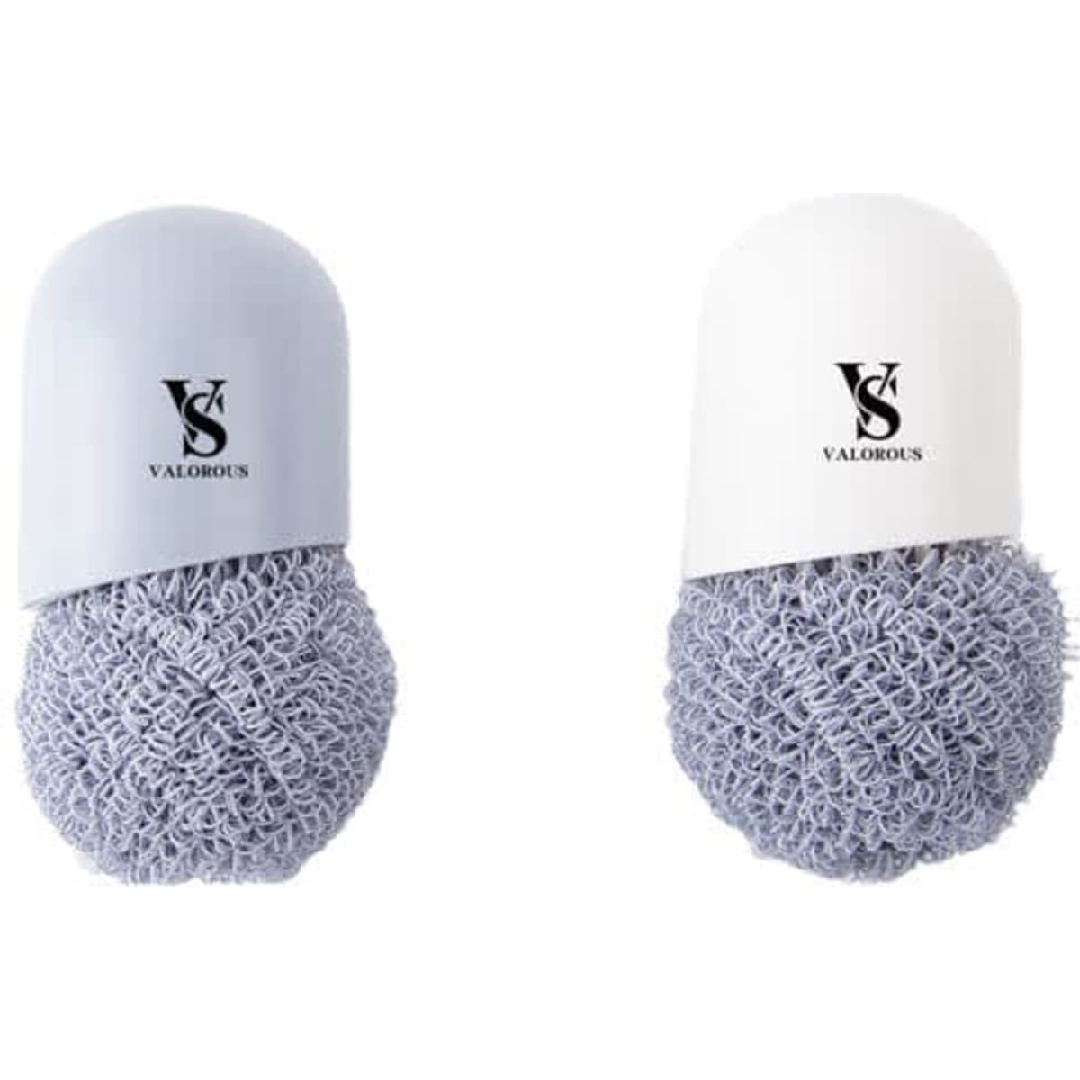A cleaning brush with a detachable design, featuring a blue and white casing and a textured scrubbing head.