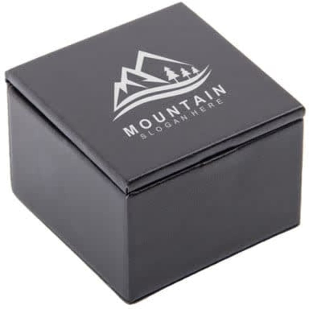 A black custom PU flip gift box featuring a logo on the top. The box is square-shaped with a smooth finish.