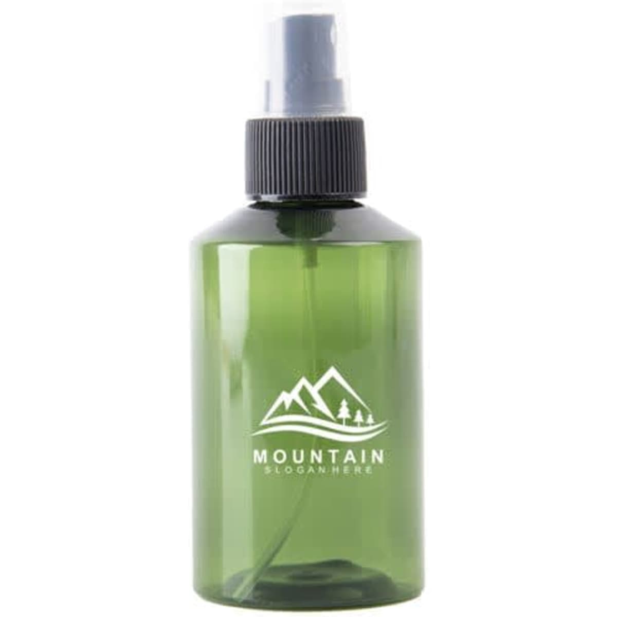 A 5 oz. green PET spray bottle with a black pump top and a logo featuring mountain designs.