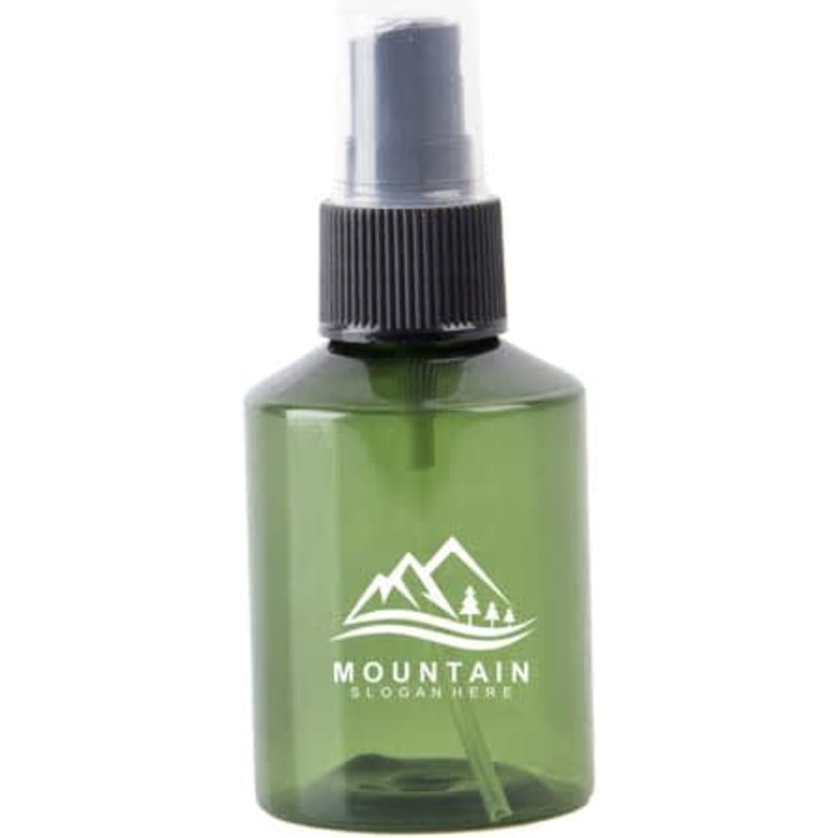 A green 50ml PET spray bottle with a black cap and a logo on the front, suitable for various liquids.