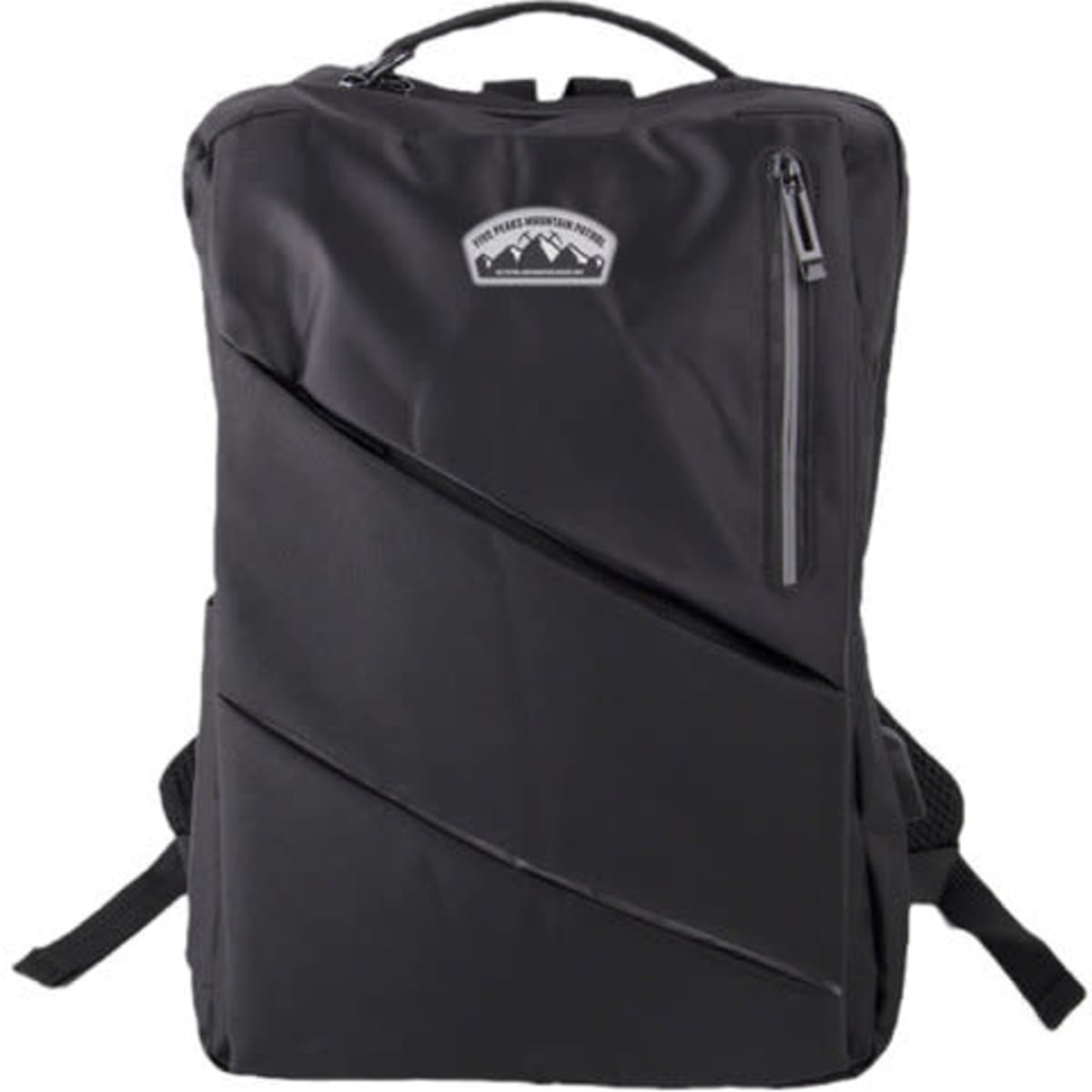 A black laptop backpack with a sleek design, featuring a zippered front pocket and a logo on the top.