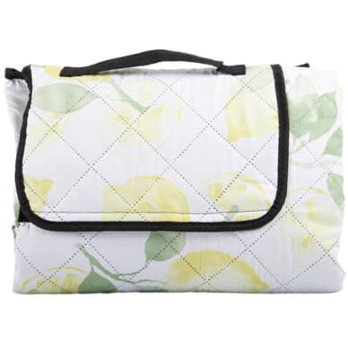 A folded picnic mat with a floral design in yellow and green, featuring a black carry handle and a quilted pattern.