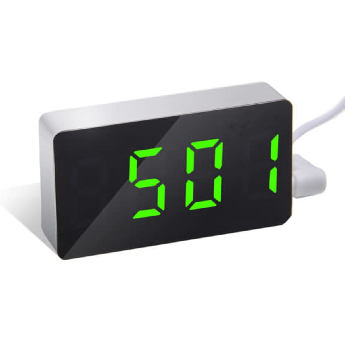 A sleek silver and black mini LED mirror alarm clock with bright green digital display. It features a charging port.