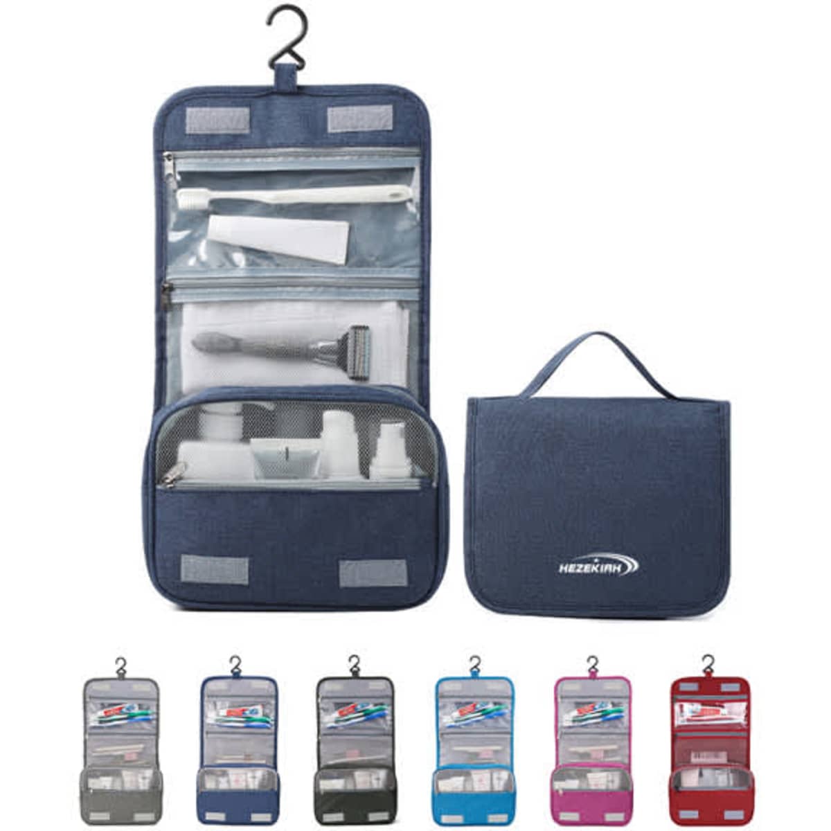 A navy blue toiletry bag with multiple compartments, clear pockets, and a hook for hanging. Available in various colours.
