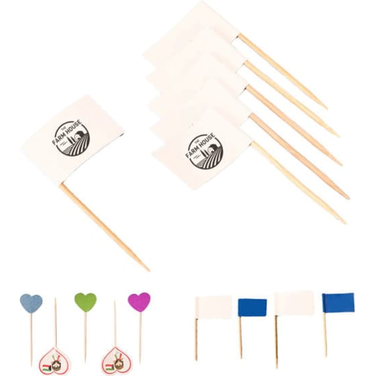 A collection of small flags on wooden toothpicks in white, blue, green, and glittery designs, with logos visible.