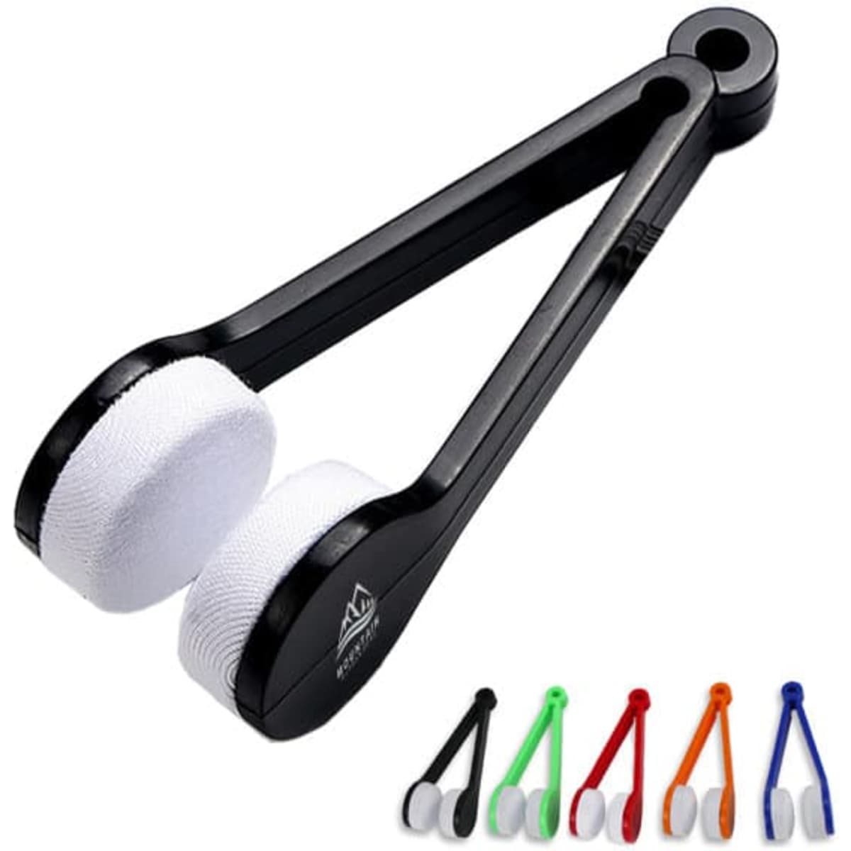 A microfiber eyeglasses cleaner brush in various colours including black, orange, green, and red, featuring a logo.