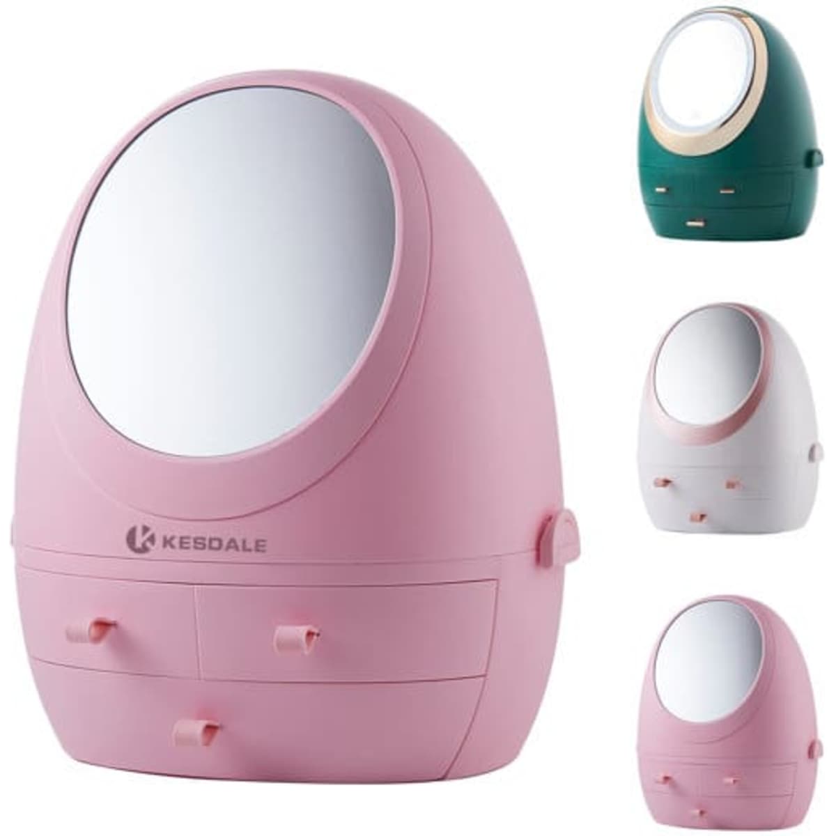 A pink LED mirror cosmetic organizer box with drawers, featuring a round mirror and available in other colours.