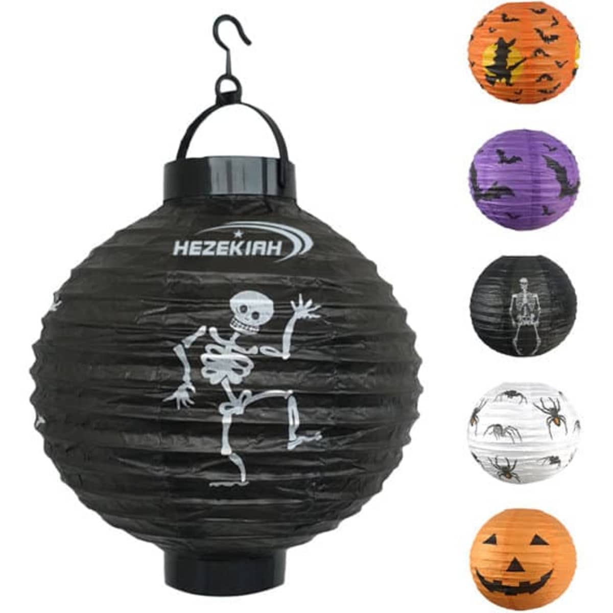 A black paper lantern featuring a skeleton design, along with various seasonal-themed lanterns in purple, orange, and black.