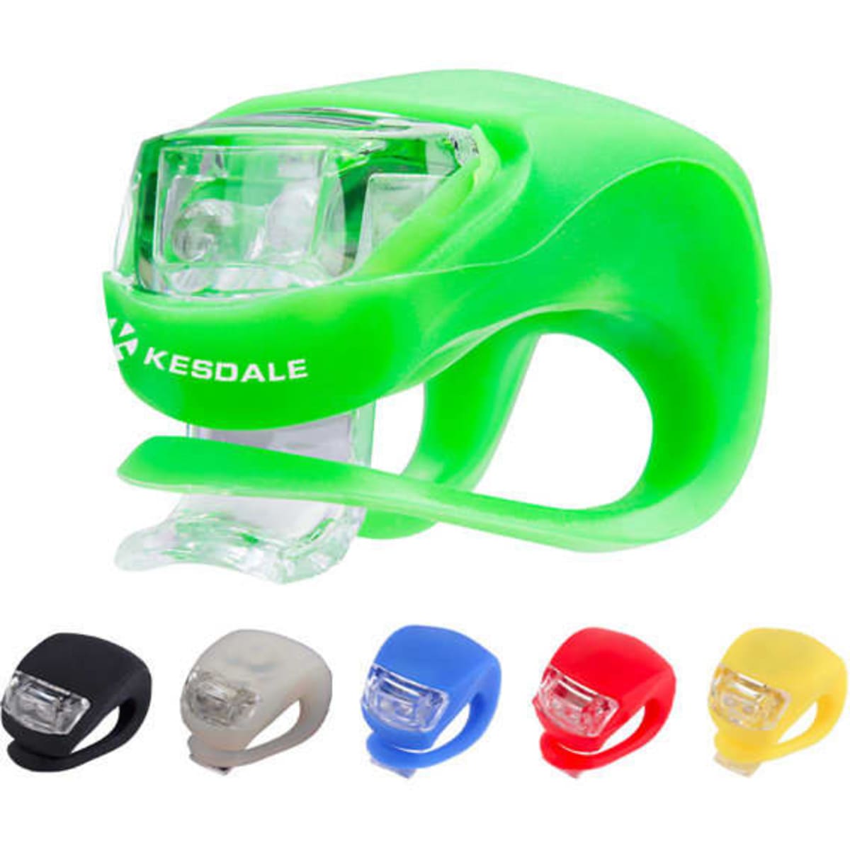 A green frog-shaped LED warning light with additional options in black, beige, blue, and red. It features a logo.