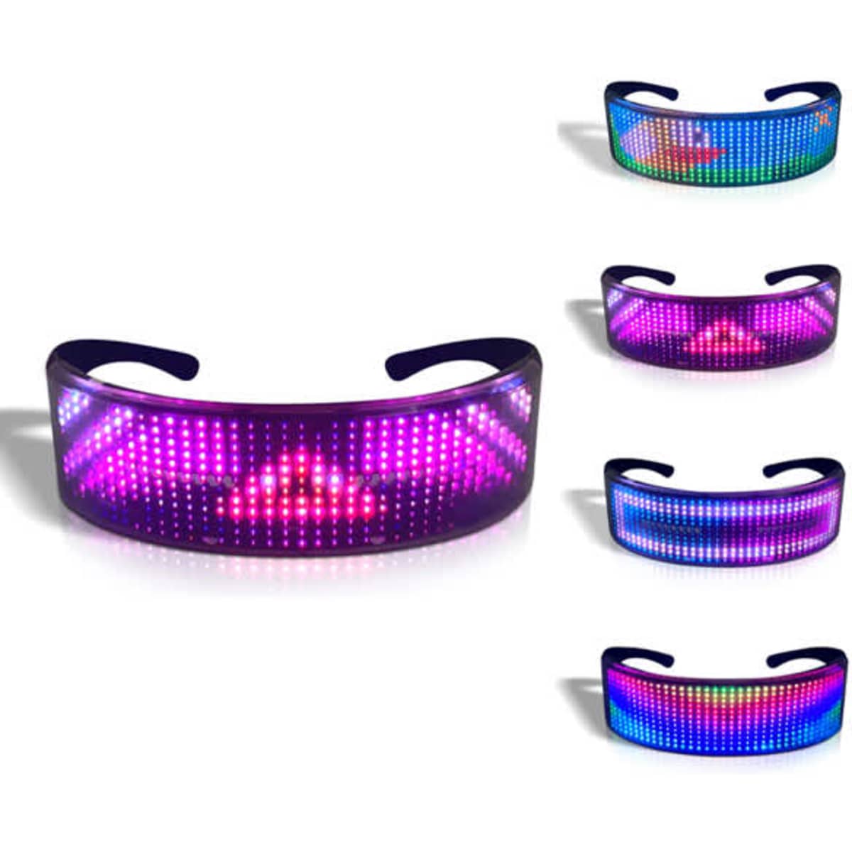 LED luminous glasses with a variety of vibrant purple, pink, and blue light patterns, featuring a logo.