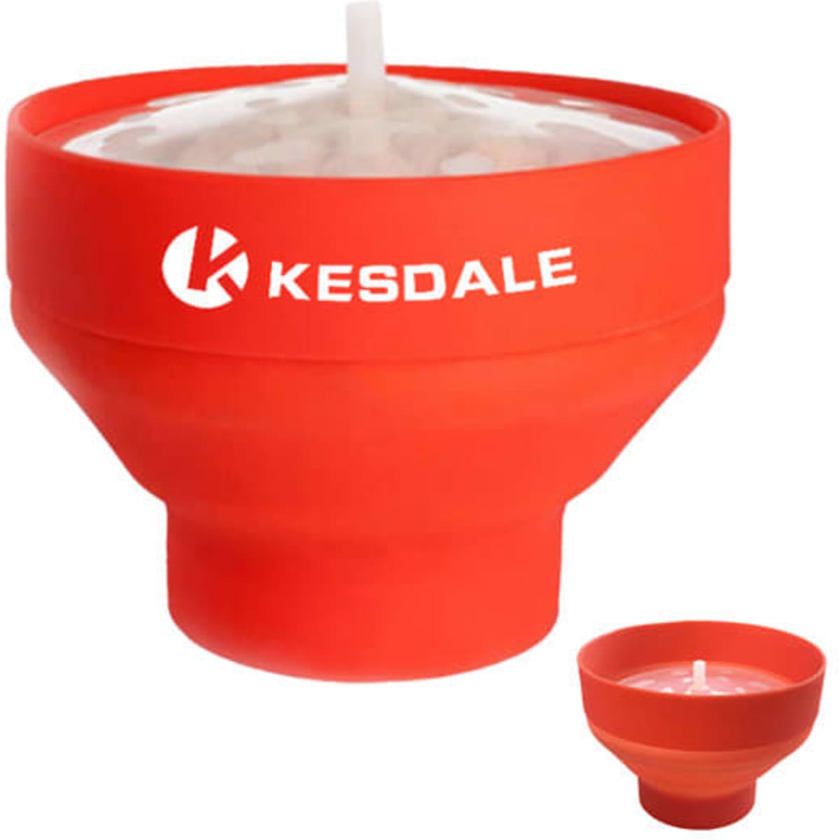 A collapsible silicone popcorn bucket in red with a branded logo, featuring a large bowl design.