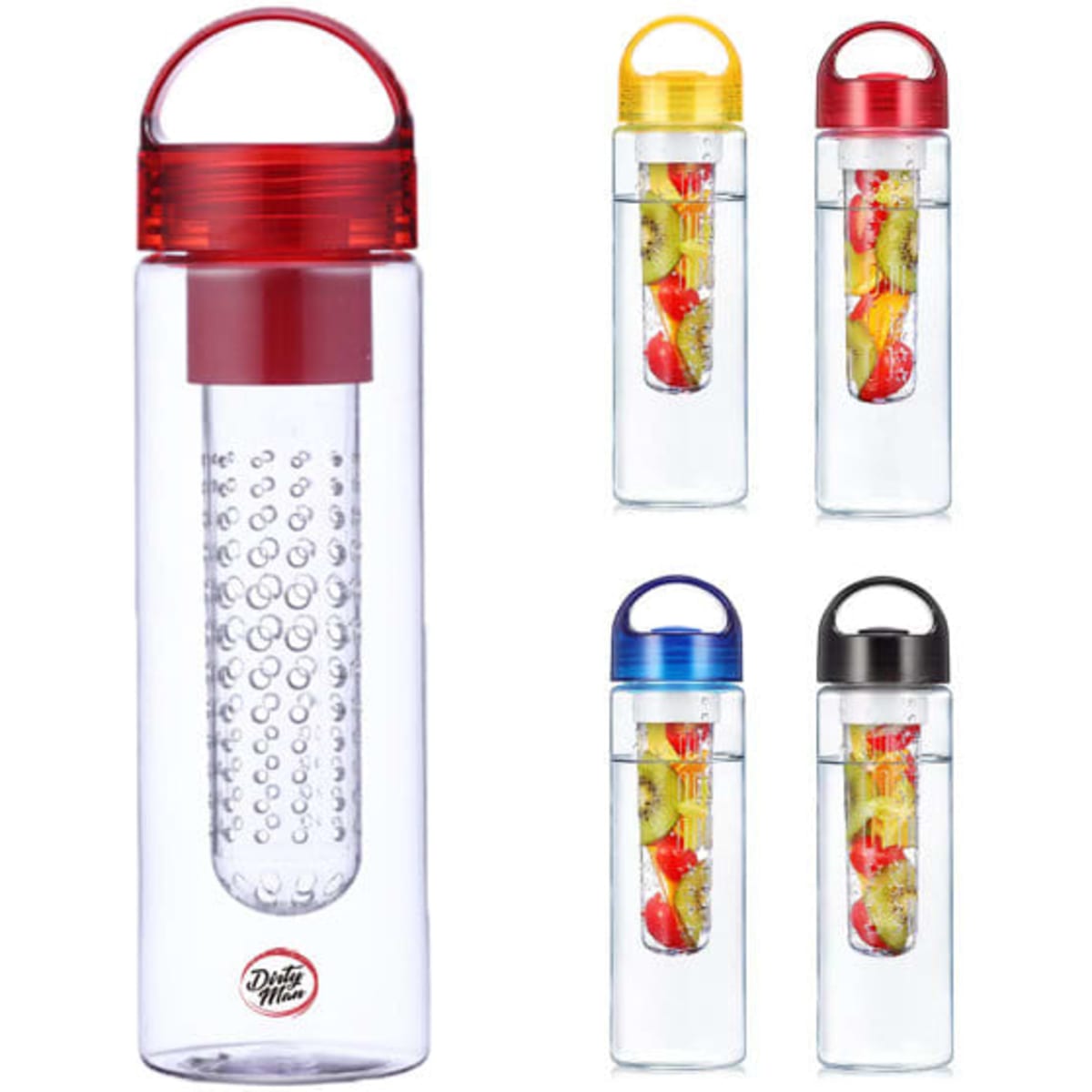 A drink bottle with a clear body and red lid, featuring a fruit infuser. Four additional bottles in blue, black, and red lids.