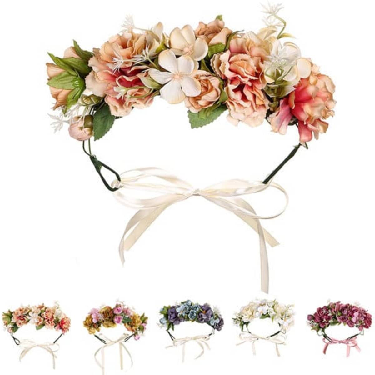 A floral headband featuring delicate pink, peach, and white flowers with green leaves and a ribbon tie.