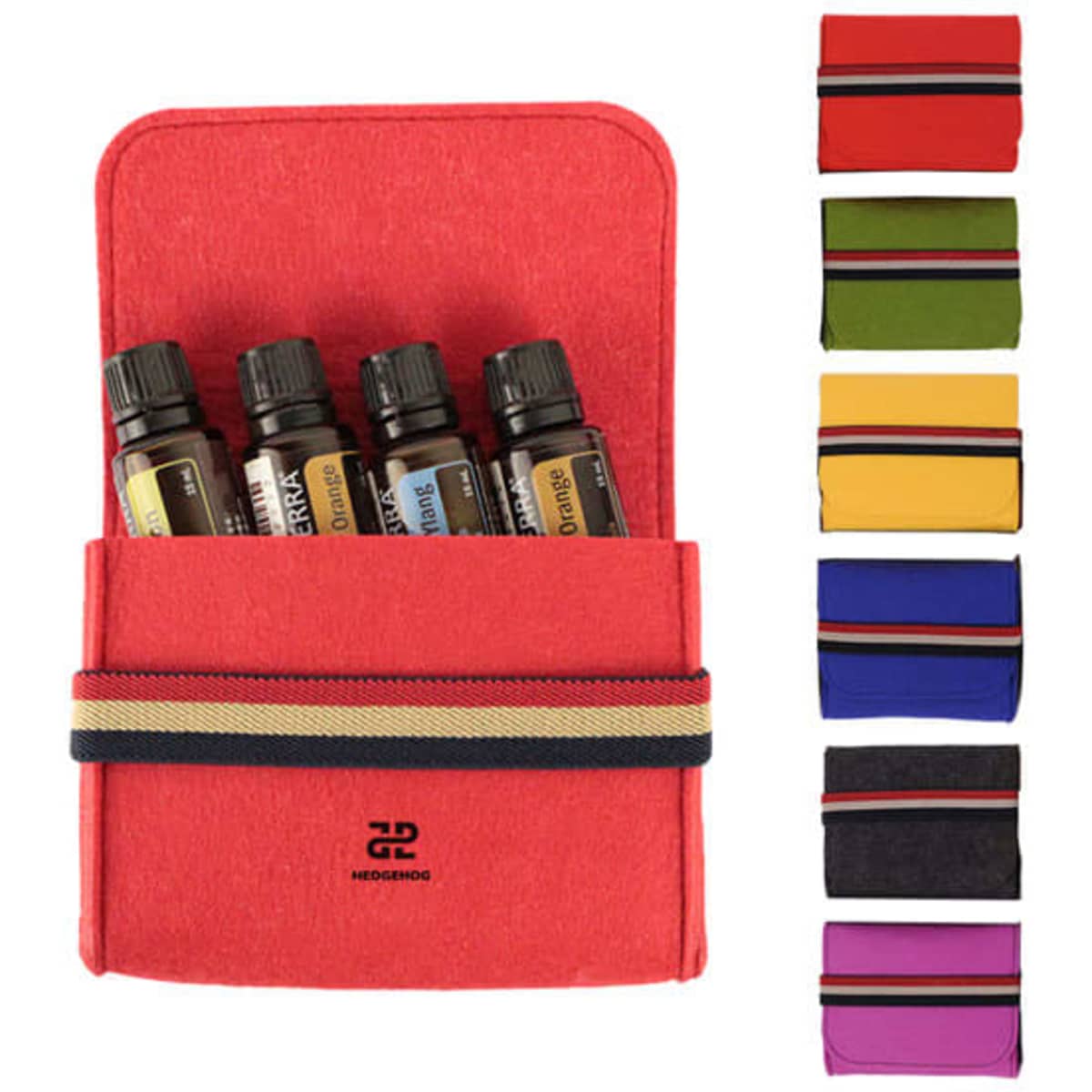 A red felt pouch with slots for essential oil bottles, featuring a striped band and various colour options displayed.