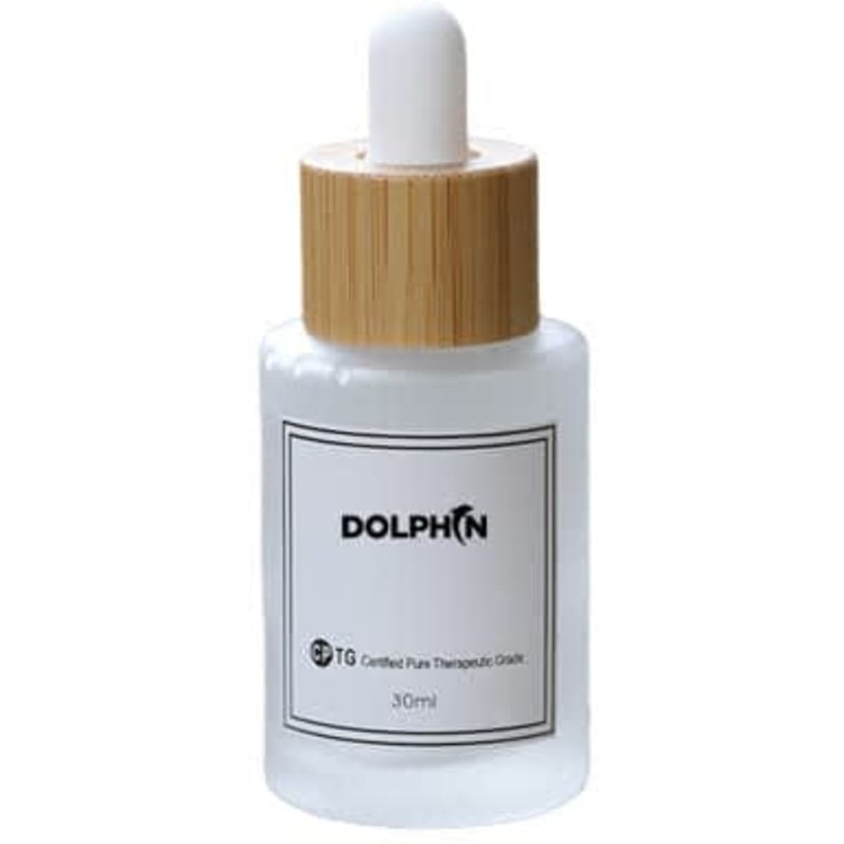 A 30ml frosted glass dropper bottle with a bamboo lid, featuring a logo and a clear body.