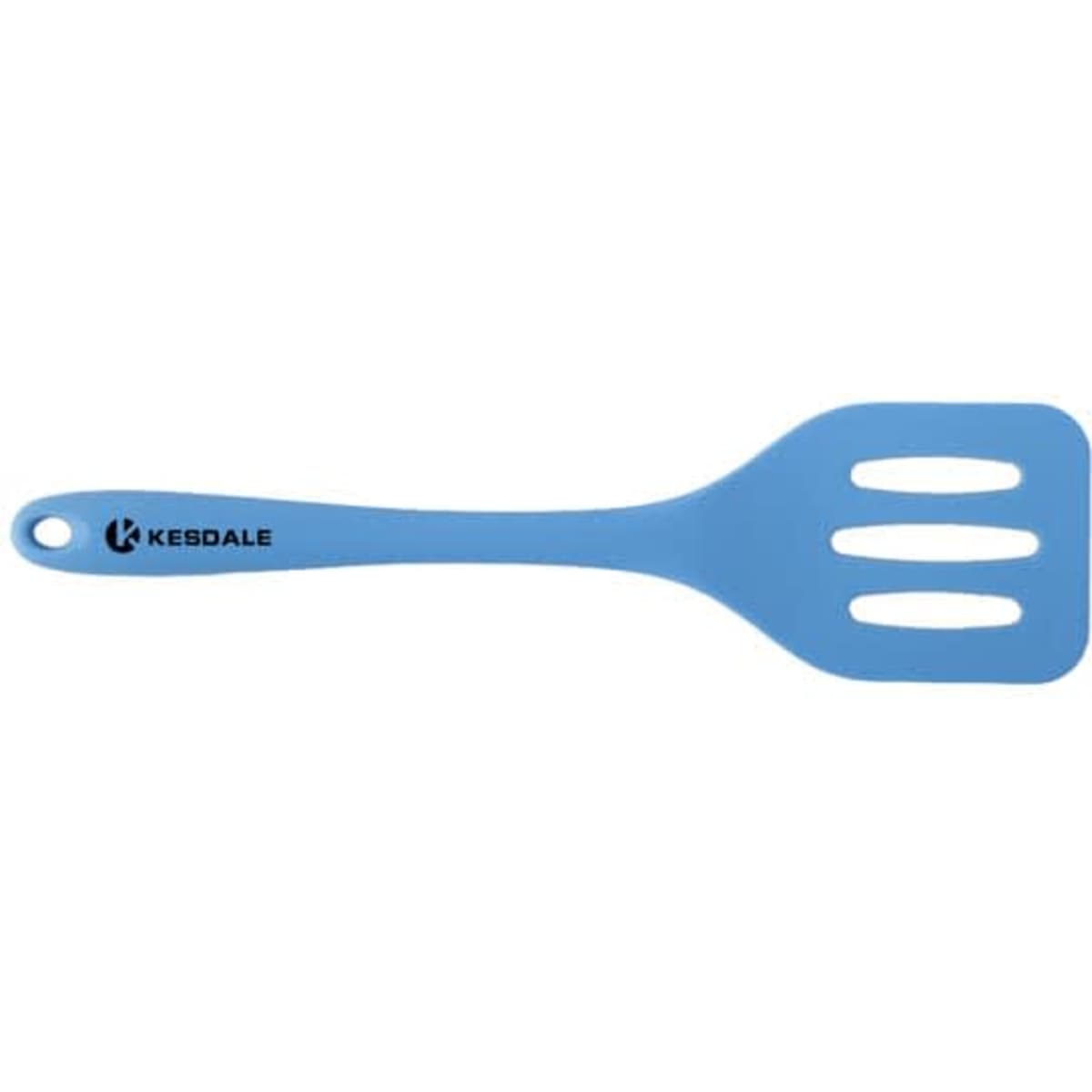 A blue silicone slotted turner with a long handle and cut-out slots, featuring a branding logo.
