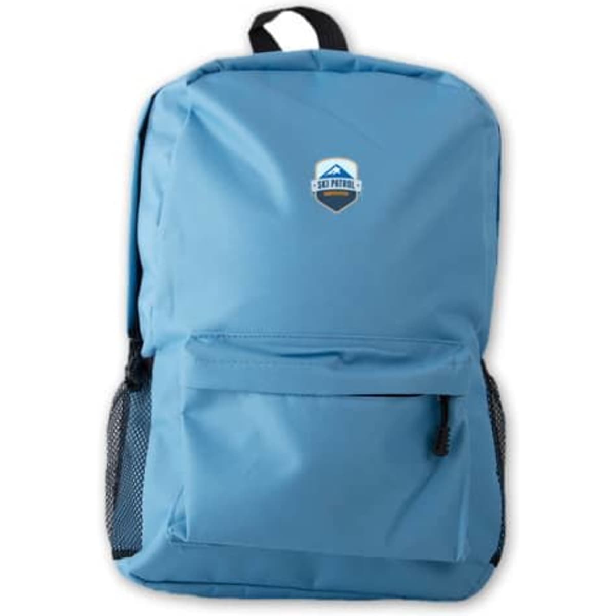 A solid blue backpack featuring a front pocket and side mesh pockets, with a logo on the front.