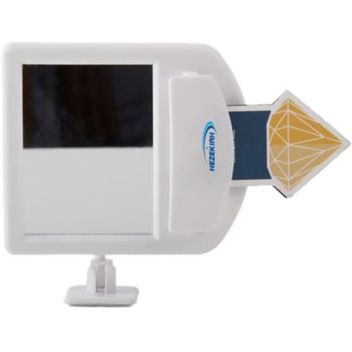 A white promotional computer monitor mirror with a triangular attachment. It features a logo.