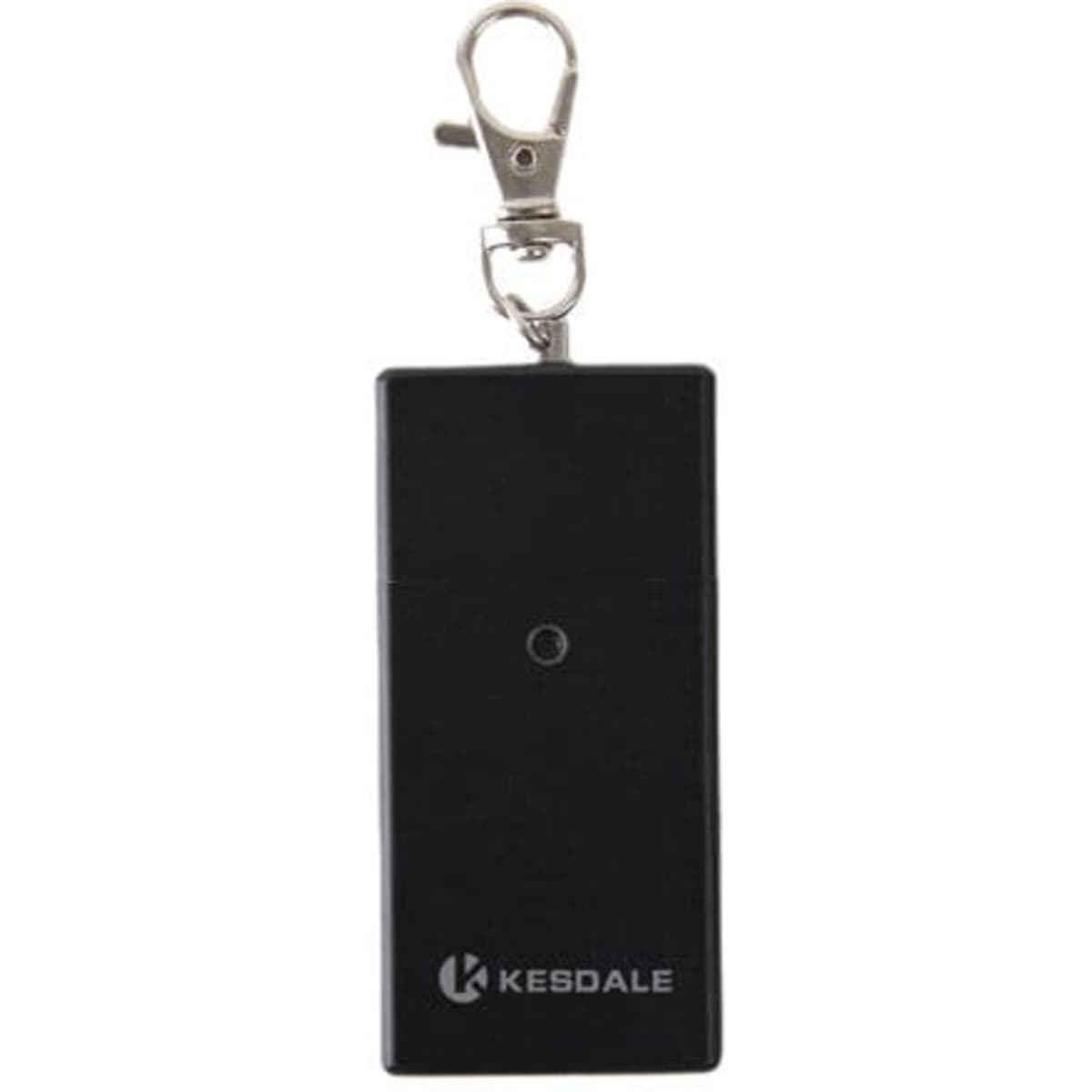 A black pocket ash box with a keychain clip attached, featuring a logo.