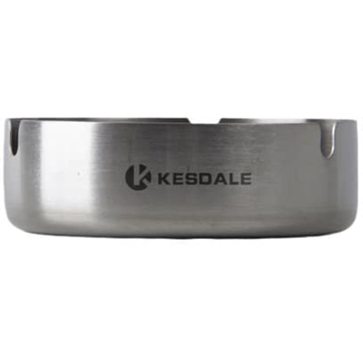 A stainless steel ashtray with a polished finish, featuring a logo.