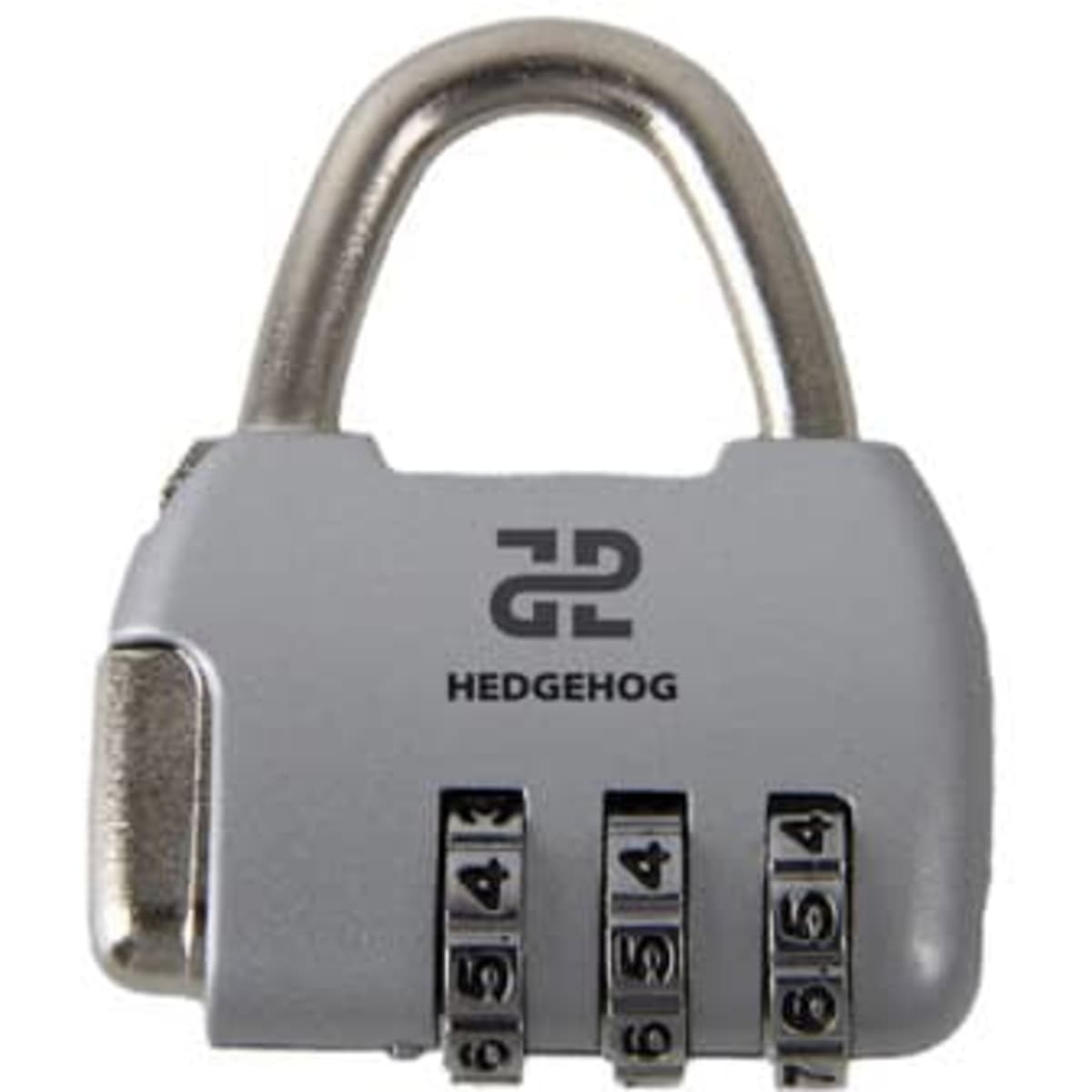 A grey vintage digital combination padlock with three rotating dials and a silver shackle. It features a logo.