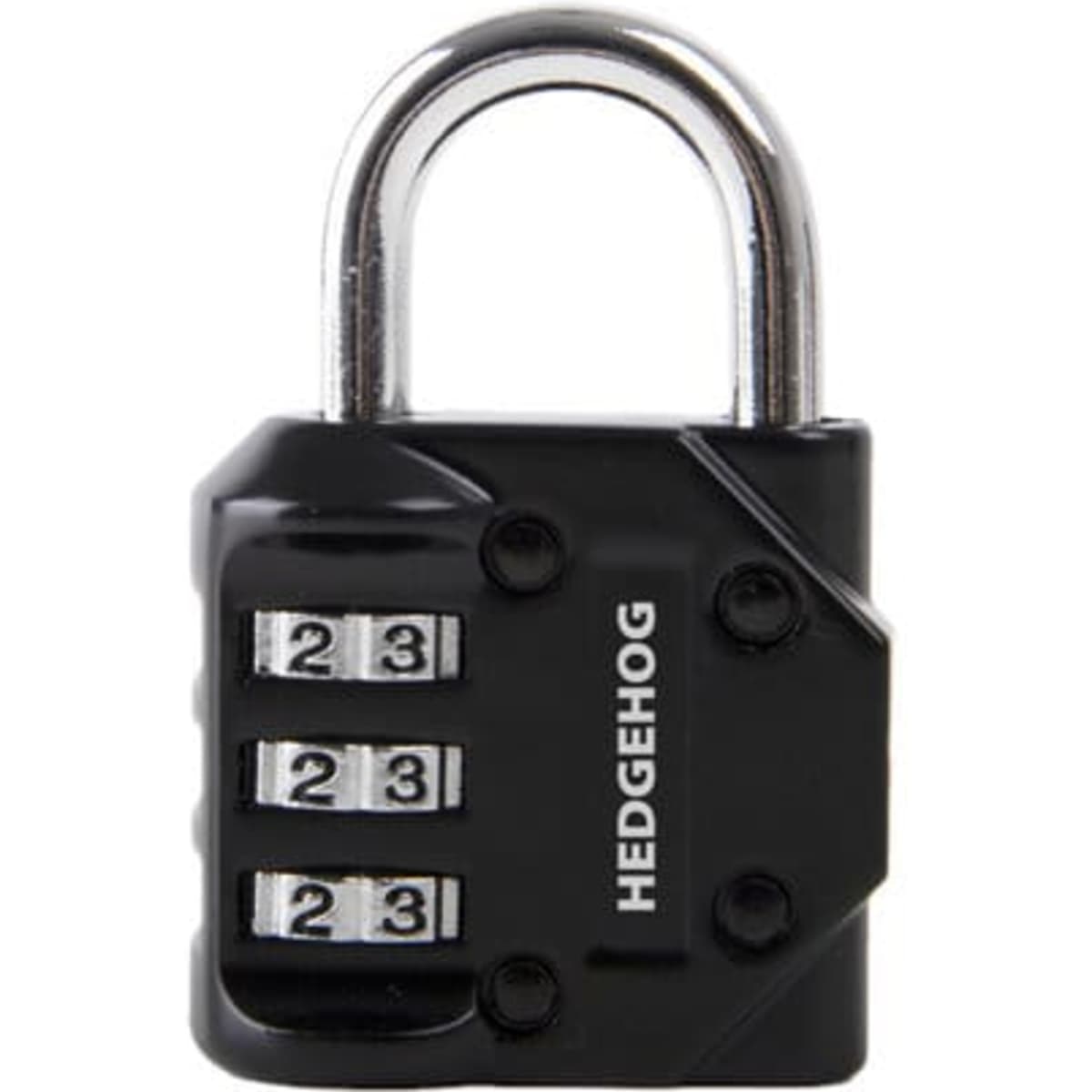 A black digital combination padlock with three dials and a metallic shackle. It features a logo on the front.