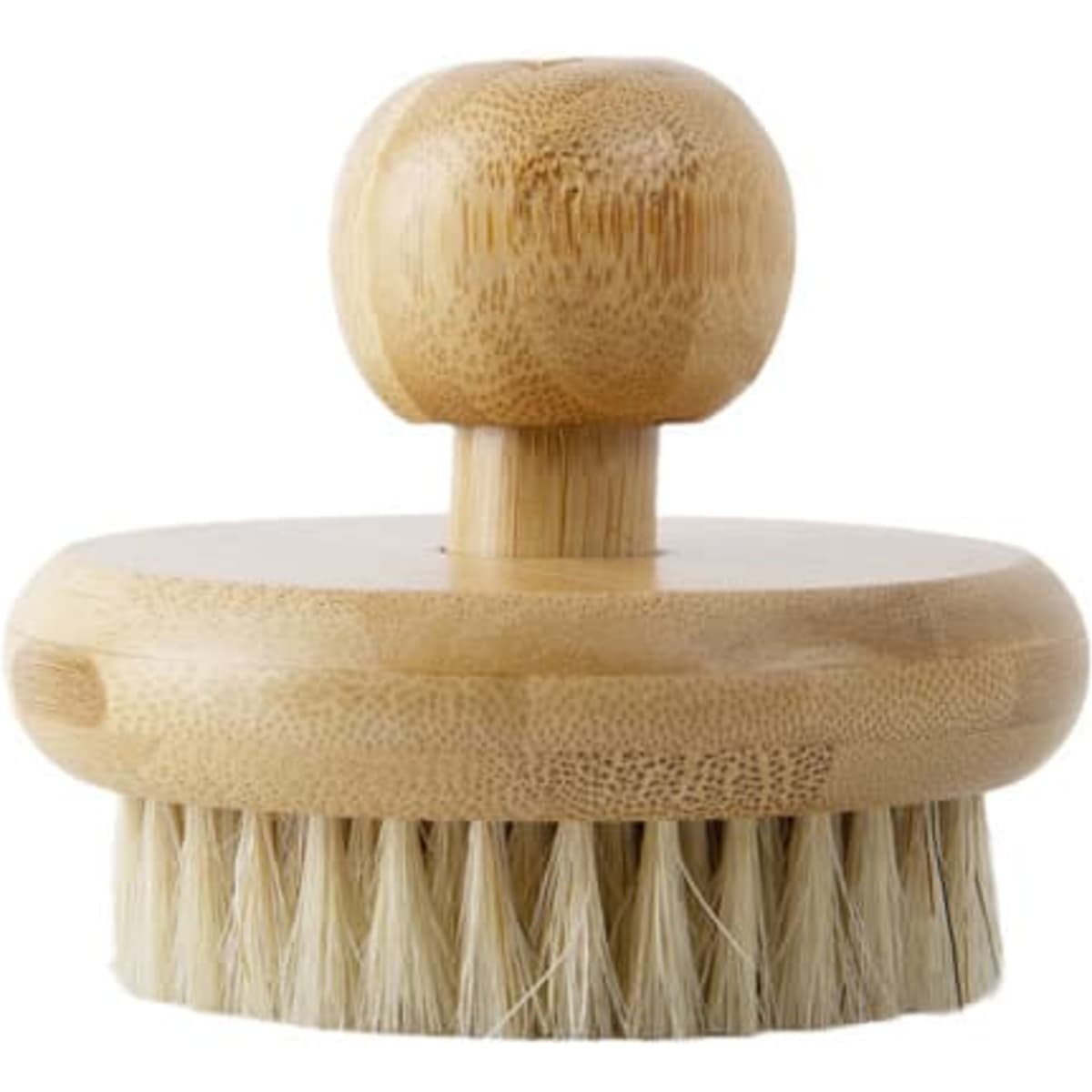 A round body brush made of bamboo with a wooden handle and natural bristles. It features a simple, eco-friendly design.