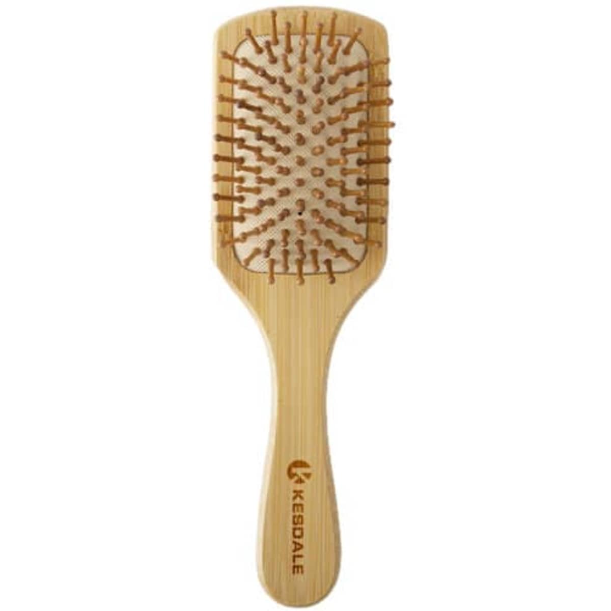 A bamboo massage air cushion comb featuring a natural wood finish and a sturdy handle with a logo.