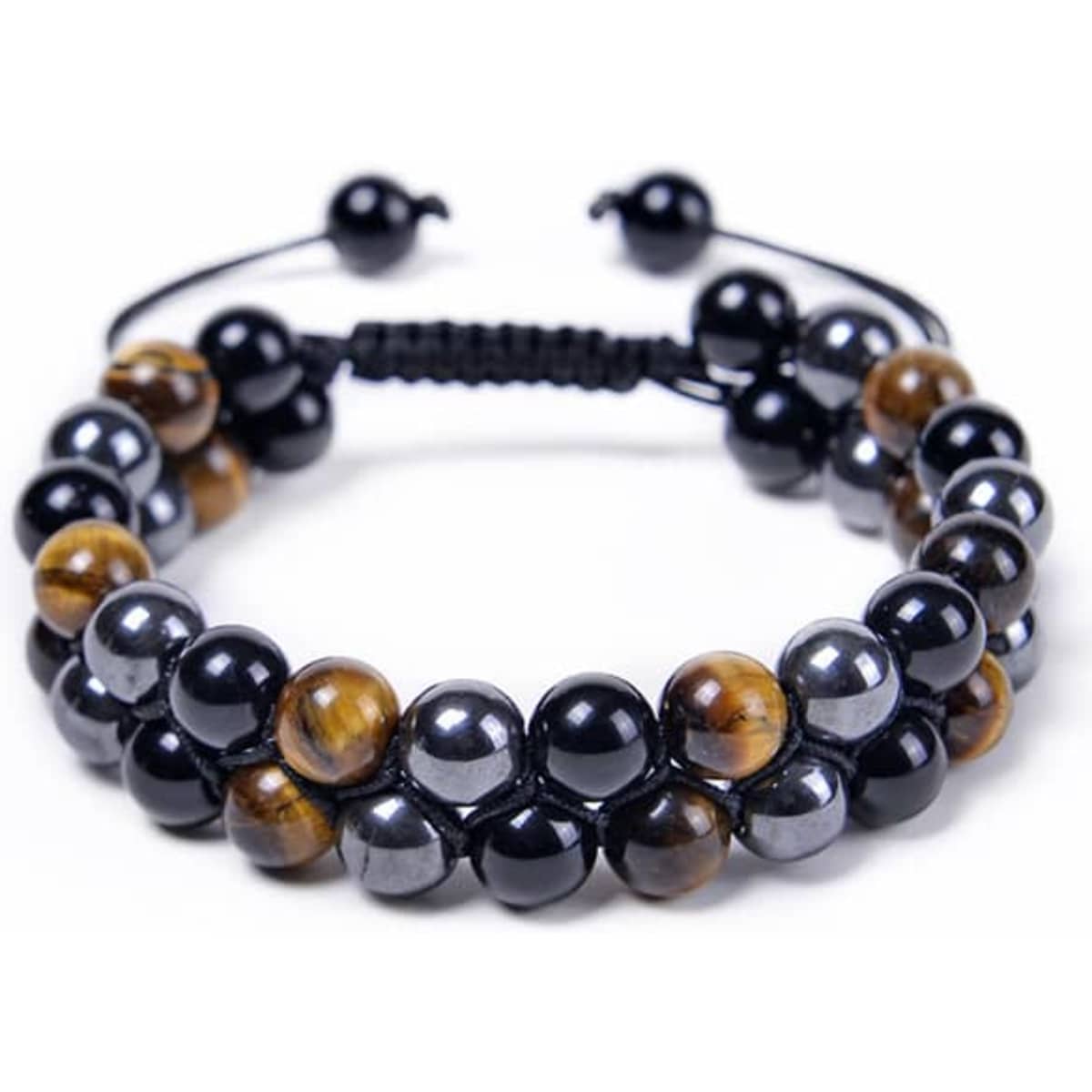 A double beaded bracelet featuring black and brown beads, adjustable with a threaded design and a logo.