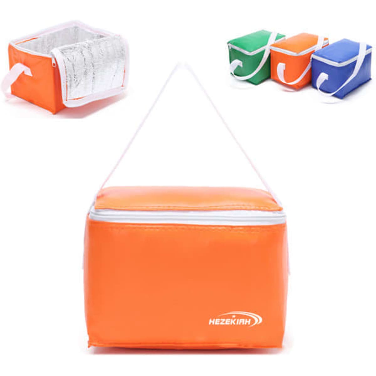 An orange insulated cooler bag with a white handle, featuring a metallic interior. Also shown in green and blue.