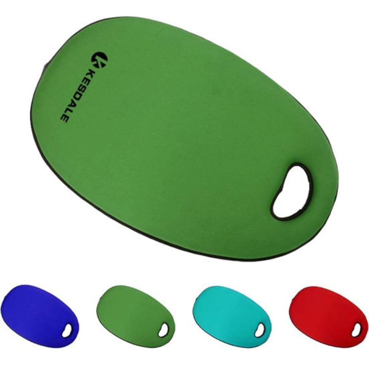 A green garden kneeling pad with a carry handle, alongside red, blue, green, and teal variants, featuring a logo.