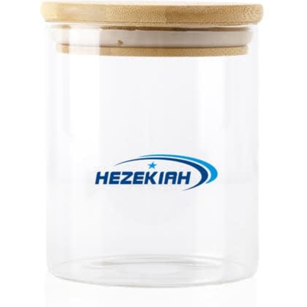 A clear glass jar with a bamboo lid, featuring a logo in blue. Suitable for various home organisation needs.