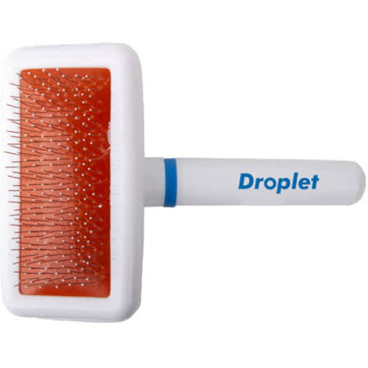A grooming brush with a white handle and an orange bristle pad, featuring a logo on the side.