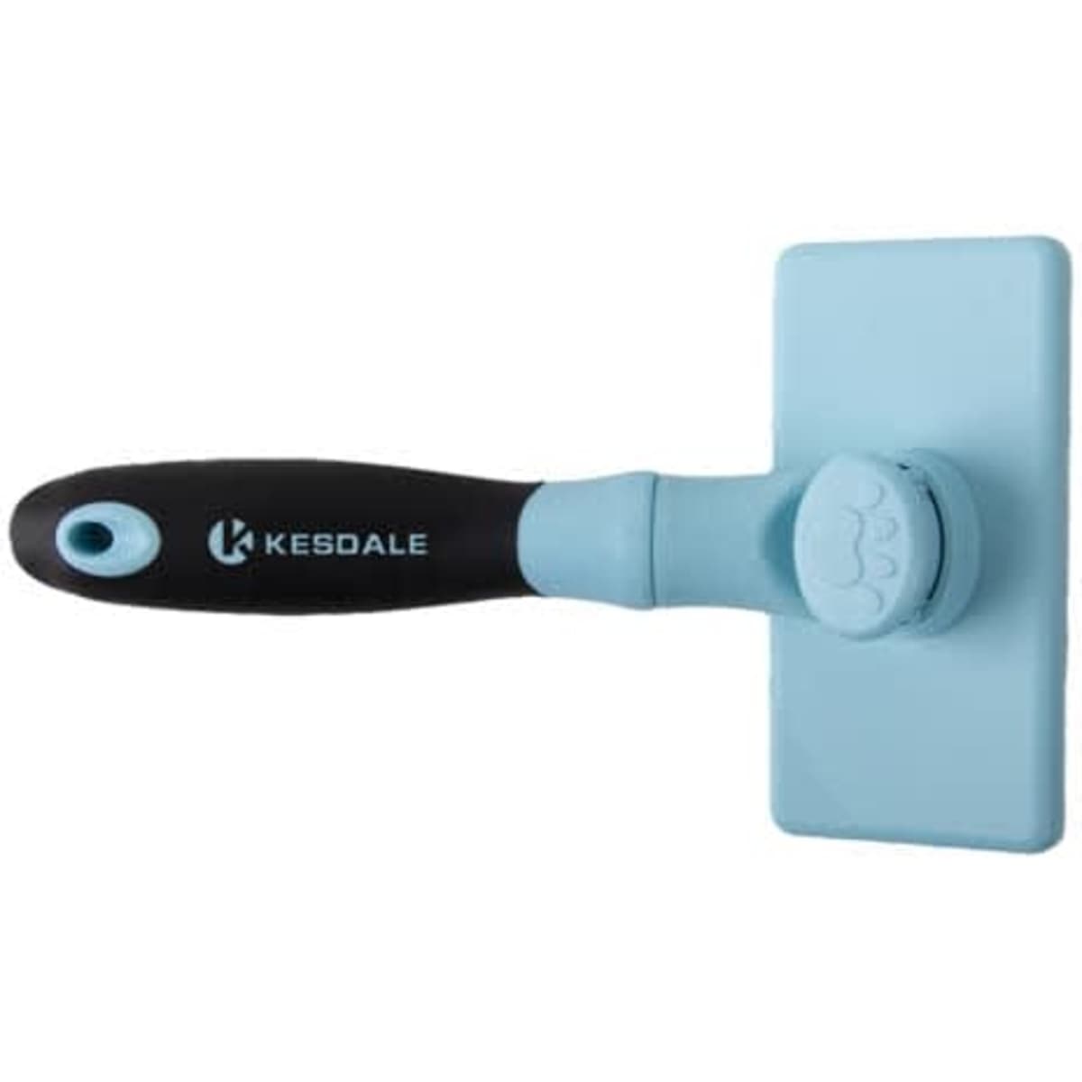 A self-cleaning pet slicker brush with a light blue and black handle, featuring a logo on the side.