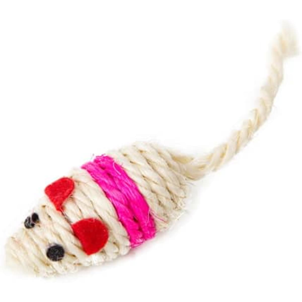 A sisal mouse toy in cream, featuring red ears and a pink band, designed for pets.