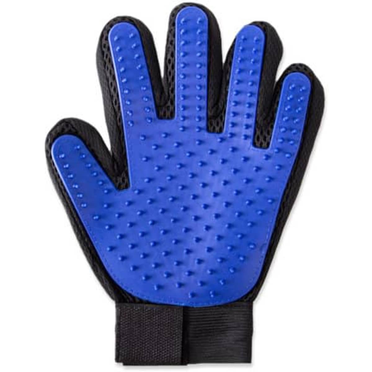 A blue and black pet grooming deshedding glove with textured grip and finger outlines. It features a branded logo.