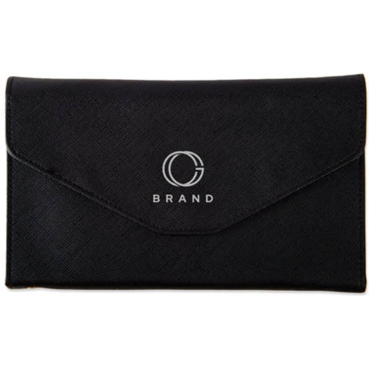 A black multifunction passport holder with a sleek design and a logo on the front.
