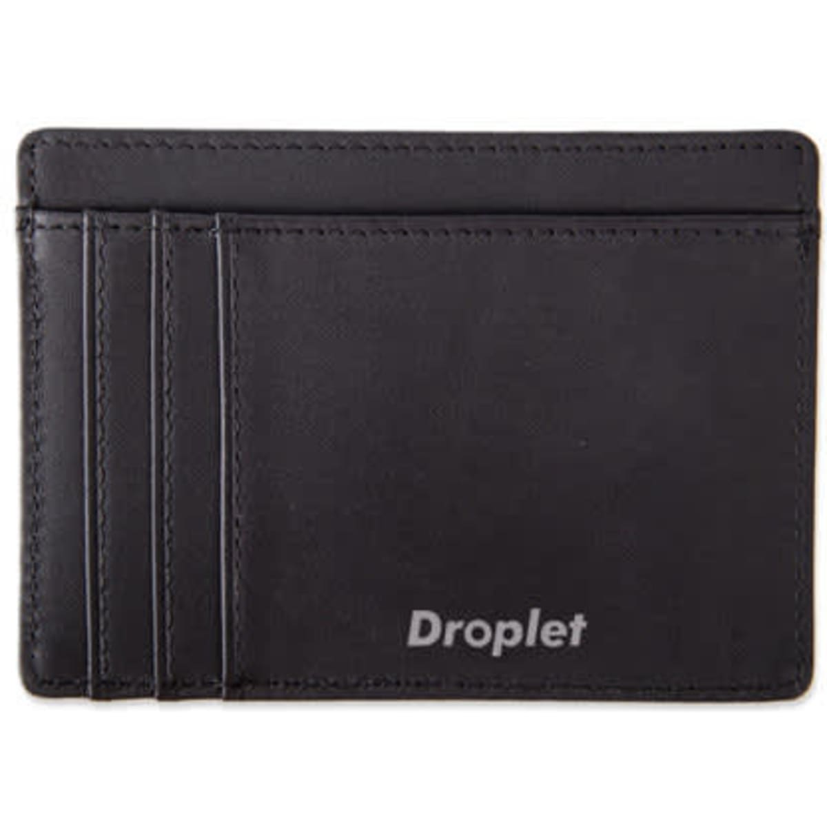A black RFID wallet card holder with multiple slots and a logo on the front.