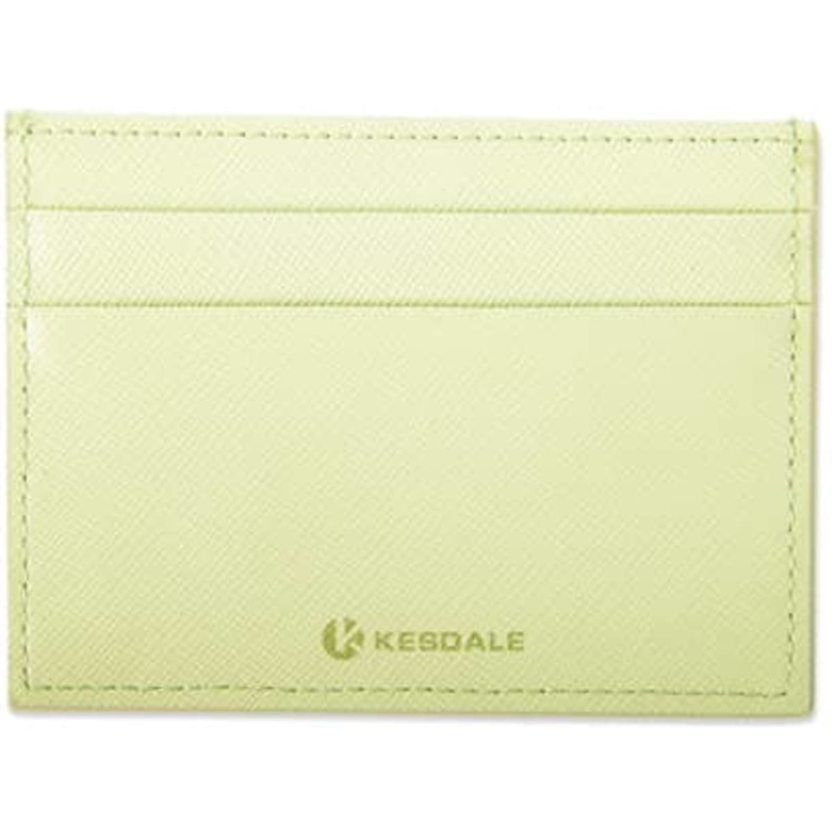 A light green pocket card holder with multiple card slots and a logo. Simple and stylish design.