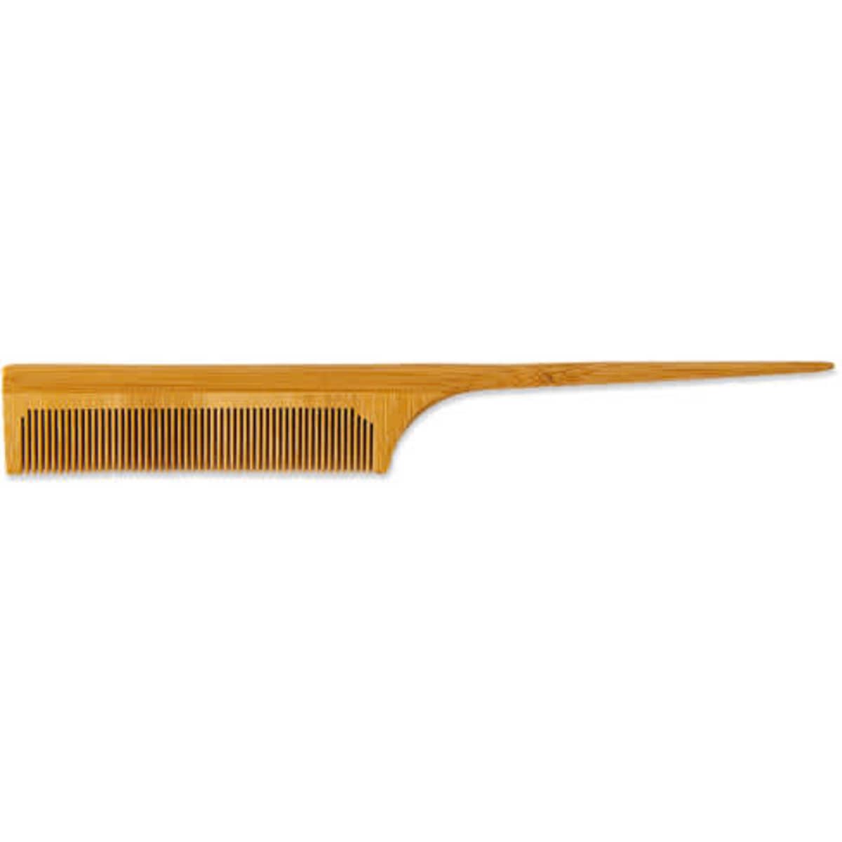 A bamboo rat tail comb in a natural wood colour featuring a thin handle and fine-toothed design.