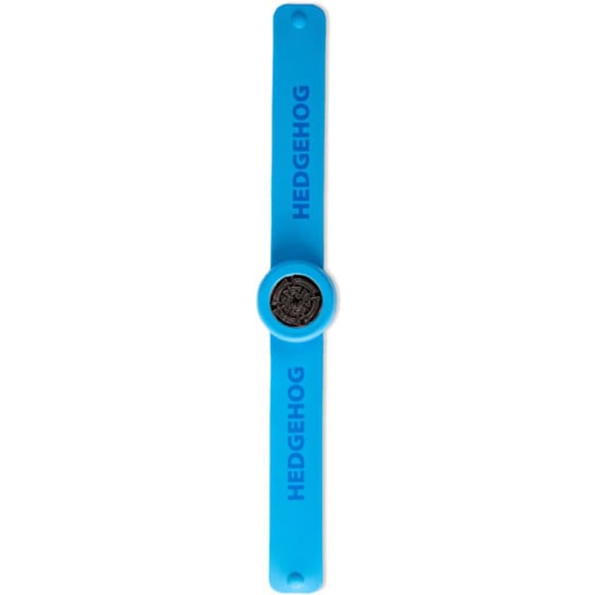 A blue silicone aromatherapy slap bracelet featuring a central decorative element and branding.