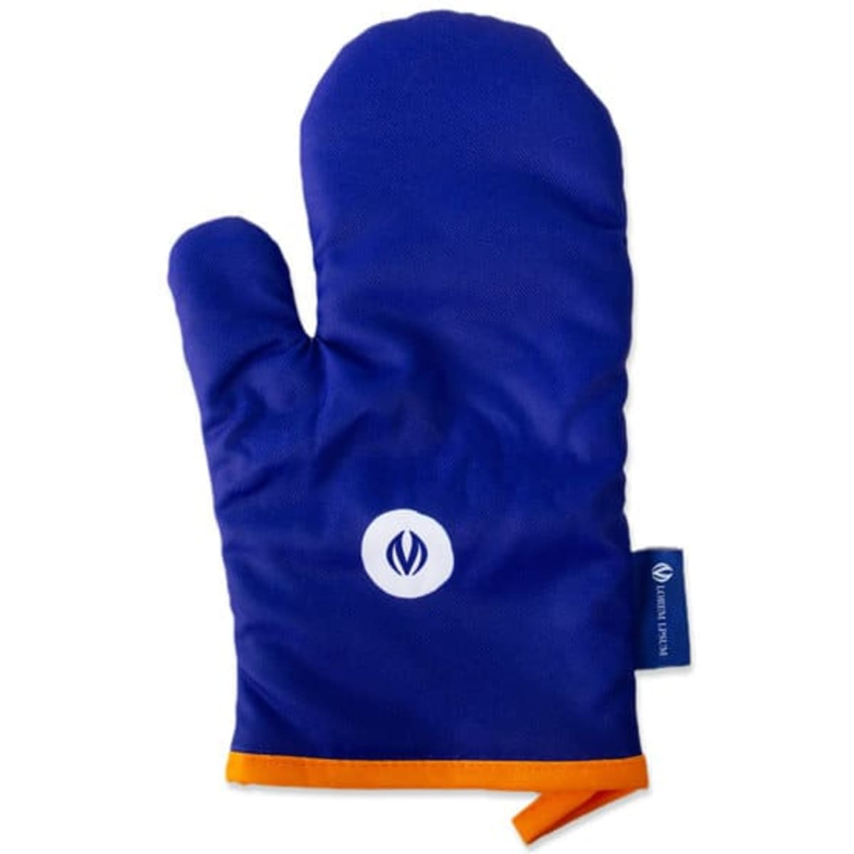 A blue cotton oven mitt with an orange trim and a logo on the front.