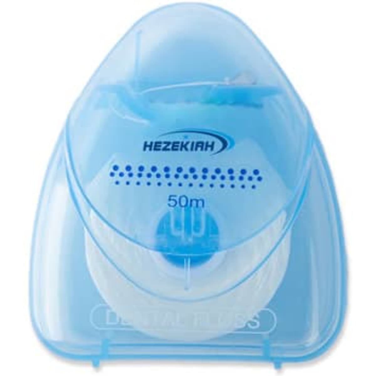A dental floss dispenser in a blue plastic case, featuring a logo and containing 50 metres of floss.