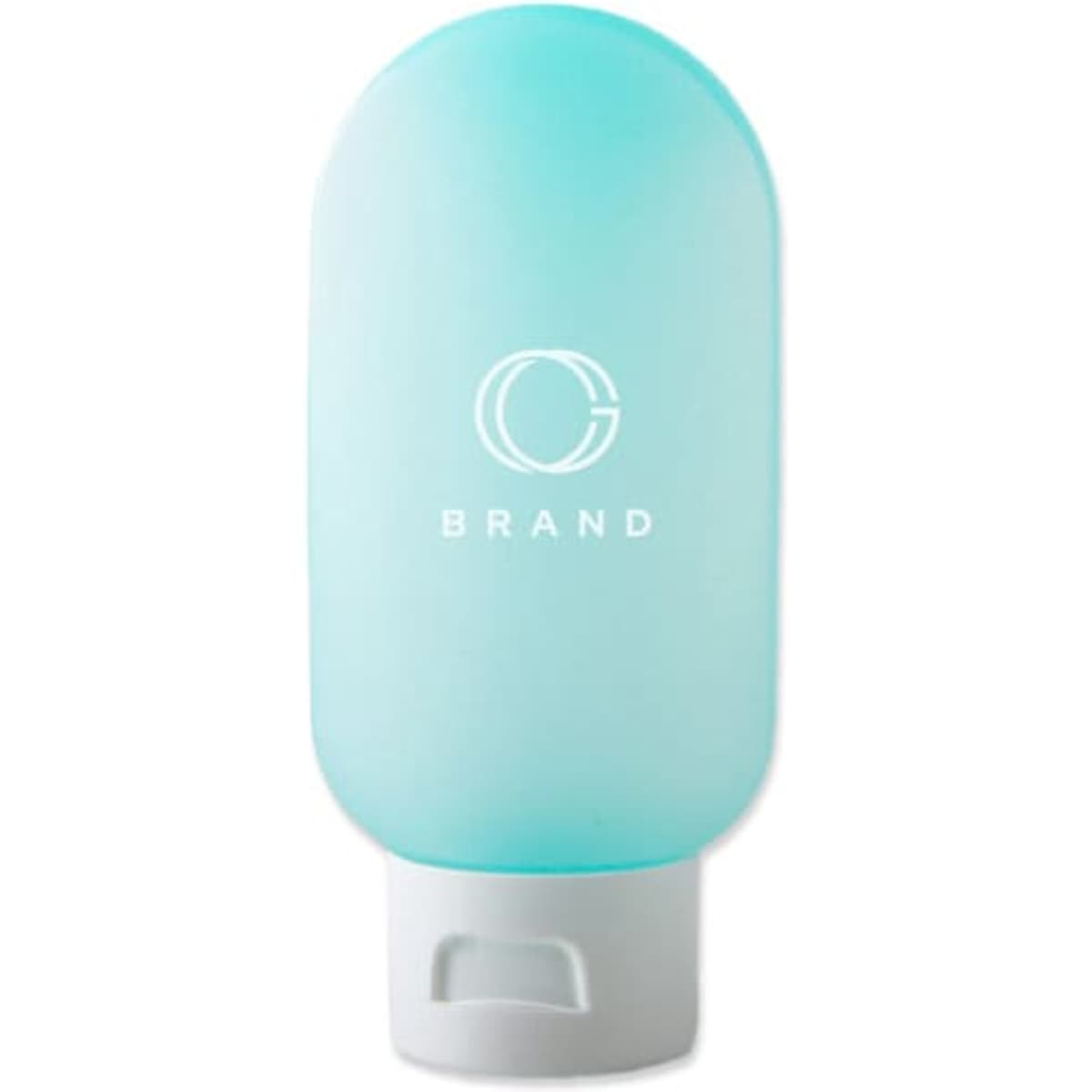 A squeezable cosmetic travel bottle in a soft blue colour, featuring a white logo on the front.
