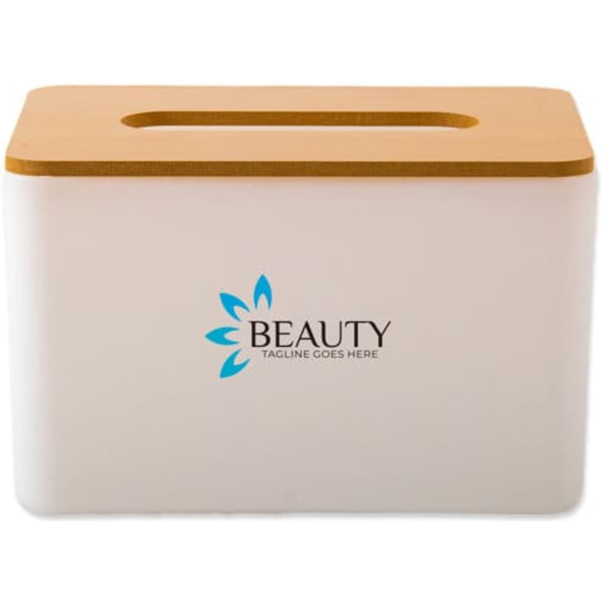 A white tissue box with a wooden lid and a logo on the front. Suitable for home decor.
